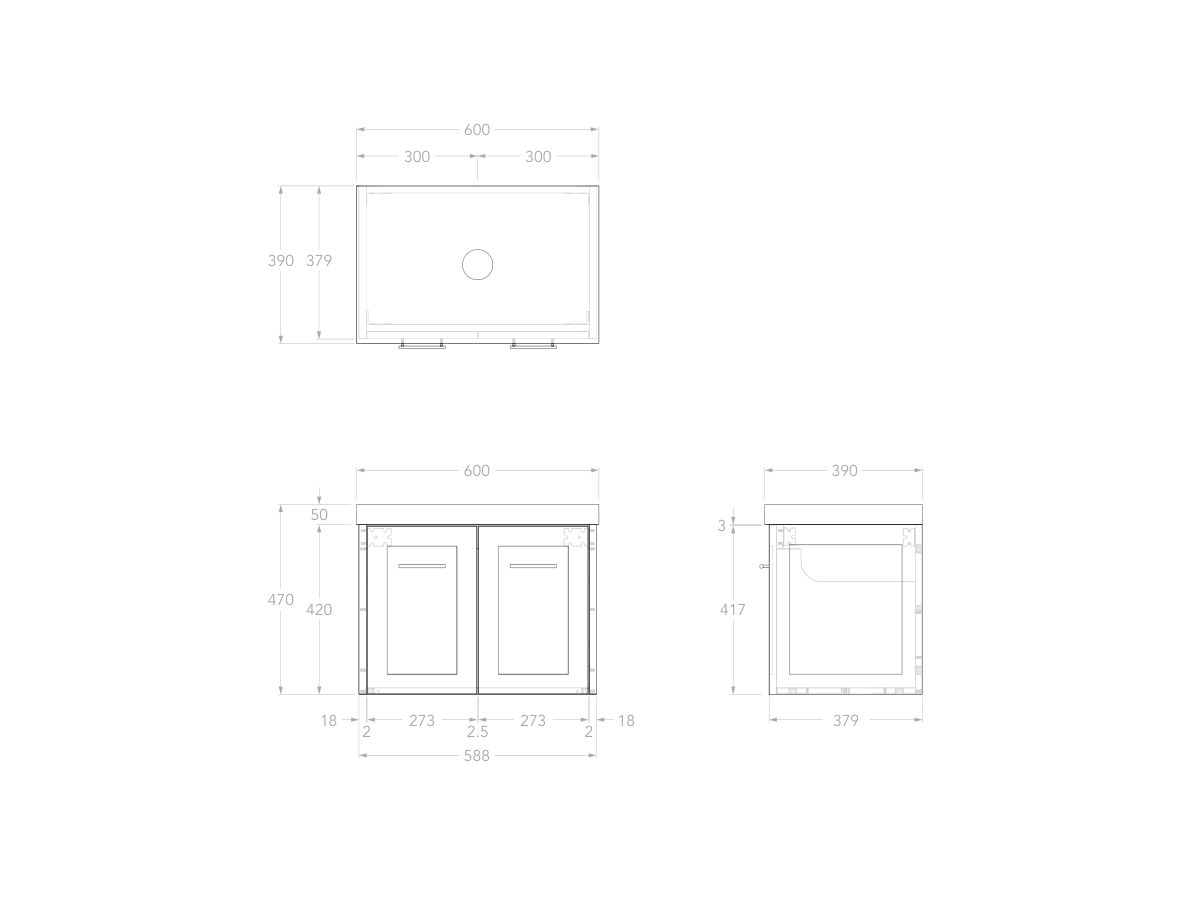 Reece Kado Lux Ensuite All Door 600mm Wall Hung Vanity Centre Basin 50mm Cherry Pie Top