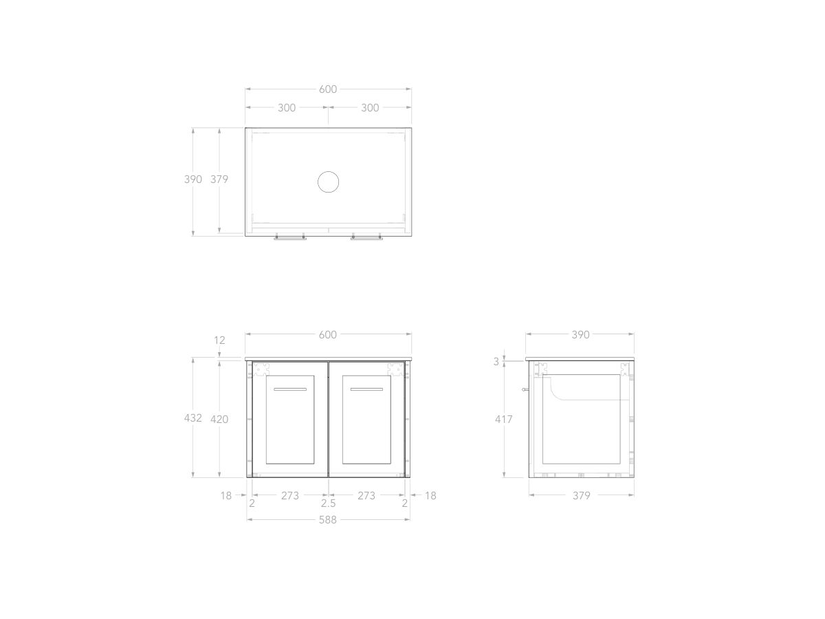 Reece Kado Lux Ensuite All Door 600mm Wall Hung Vanity Centre Basin 12mm Durasein Top