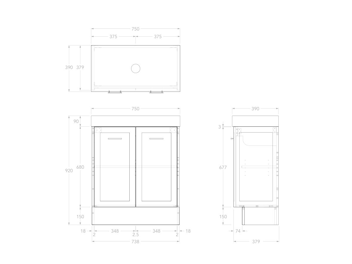 Reece Kado Lux Ensuite All Door 750mm Floor Mounted Vanity Centre Basin 90mm Caesarstone Mineral Top