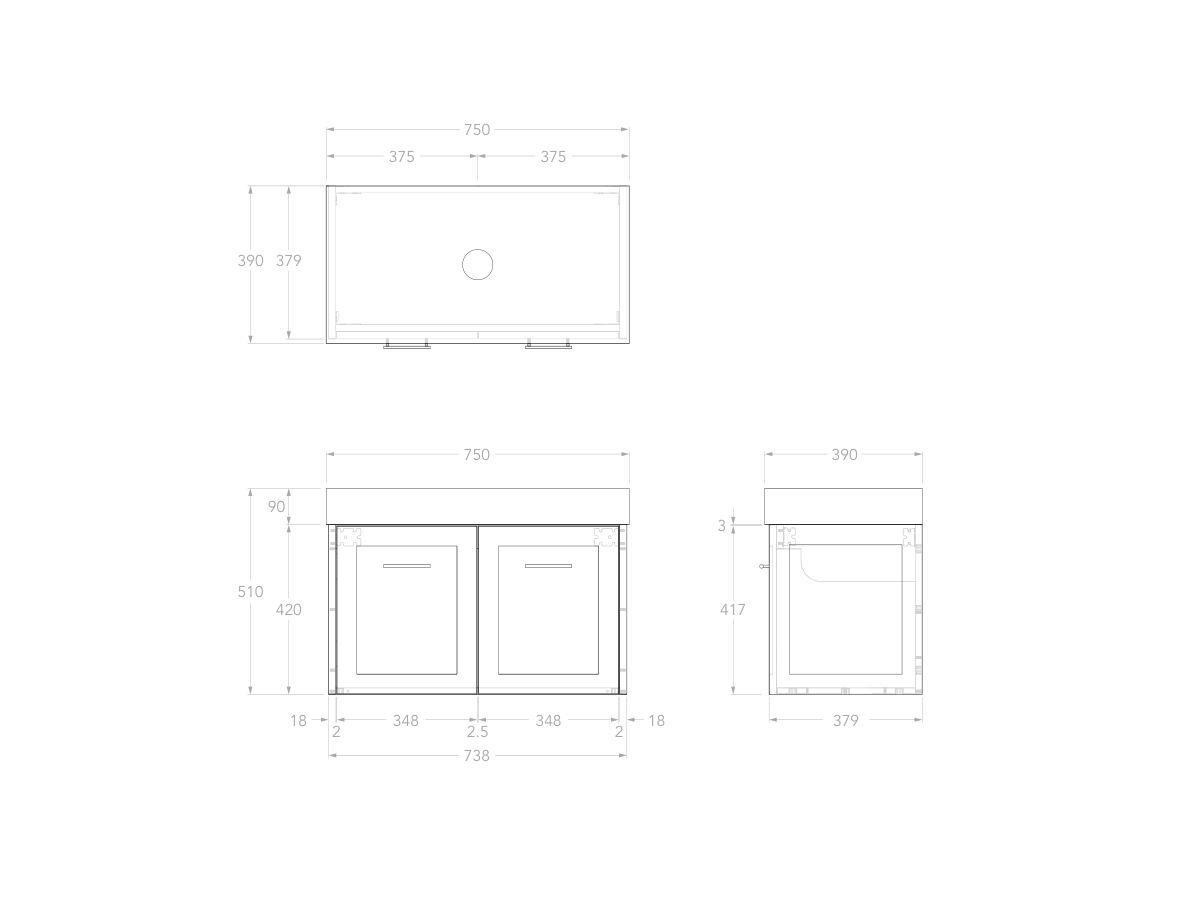 Reece Kado Lux Ensuite All Door 750mm Wall Hung Vanity Centre Basin 90mm Caesarstone Mineral Top