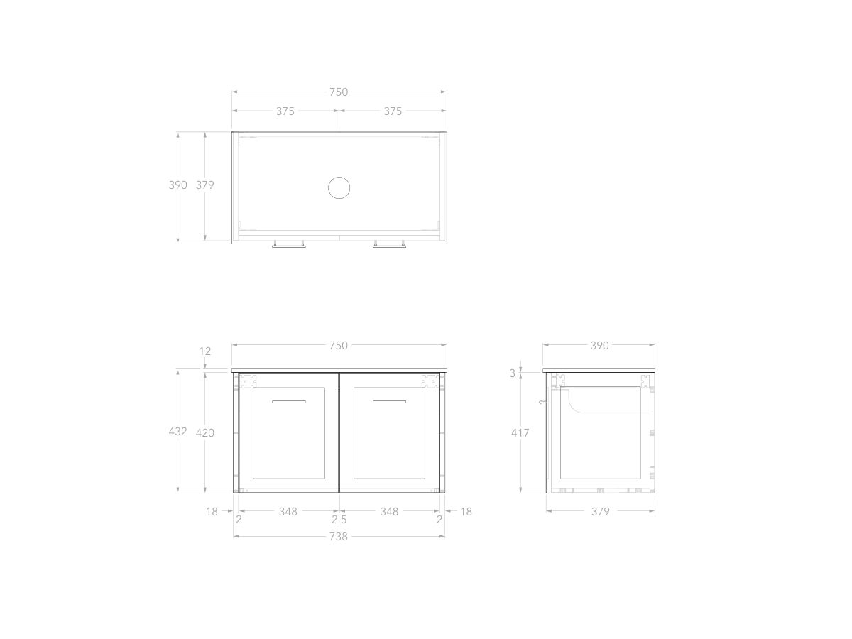 Reece Kado Lux Ensuite All Door 750mm Wall Hung Vanity Centre Basin 12mm Durasein Top