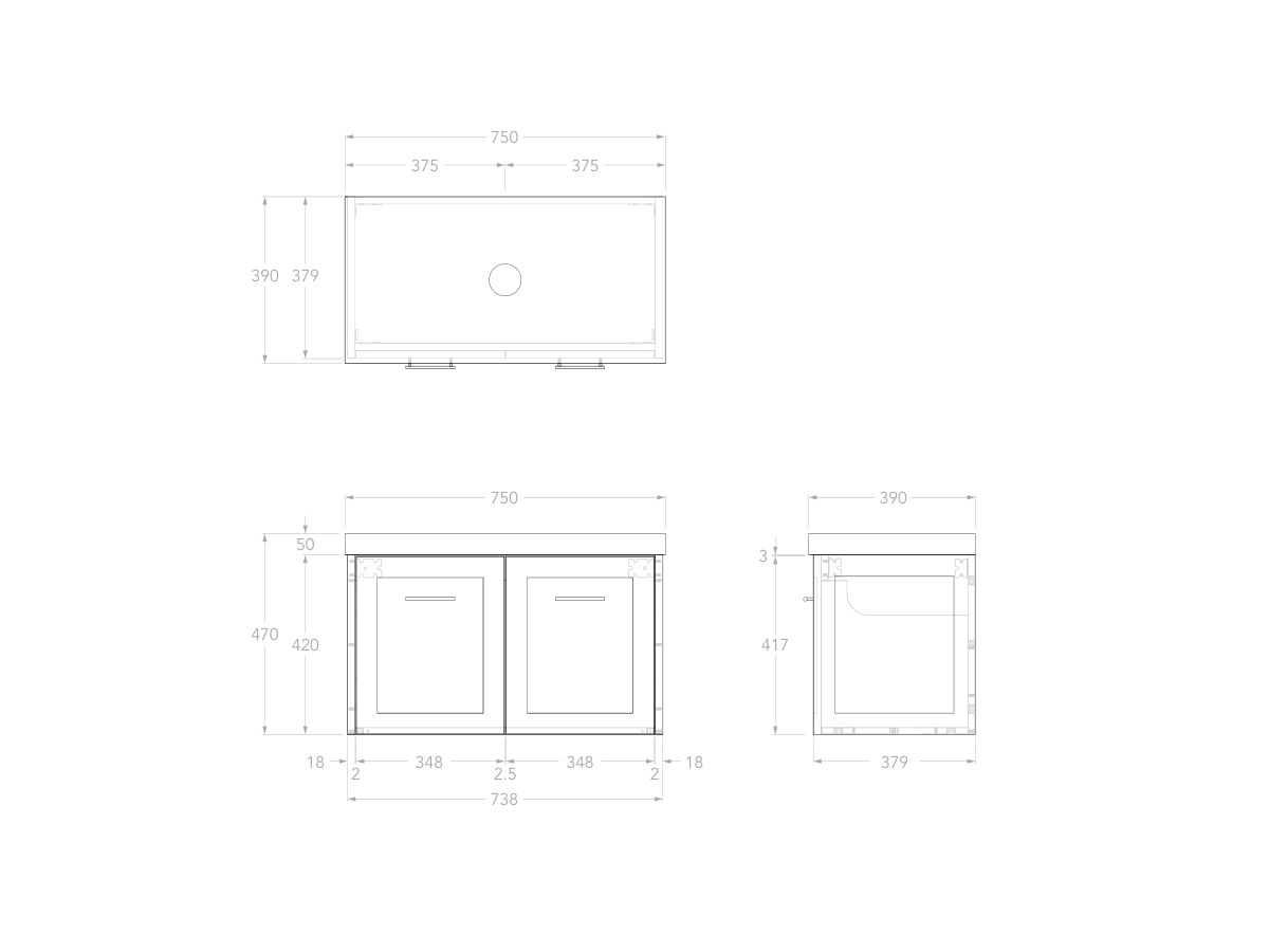 Reece Kado Lux Ensuite All Door 750mm Wall Hung Vanity Centre Basin 50mm Durasein Top