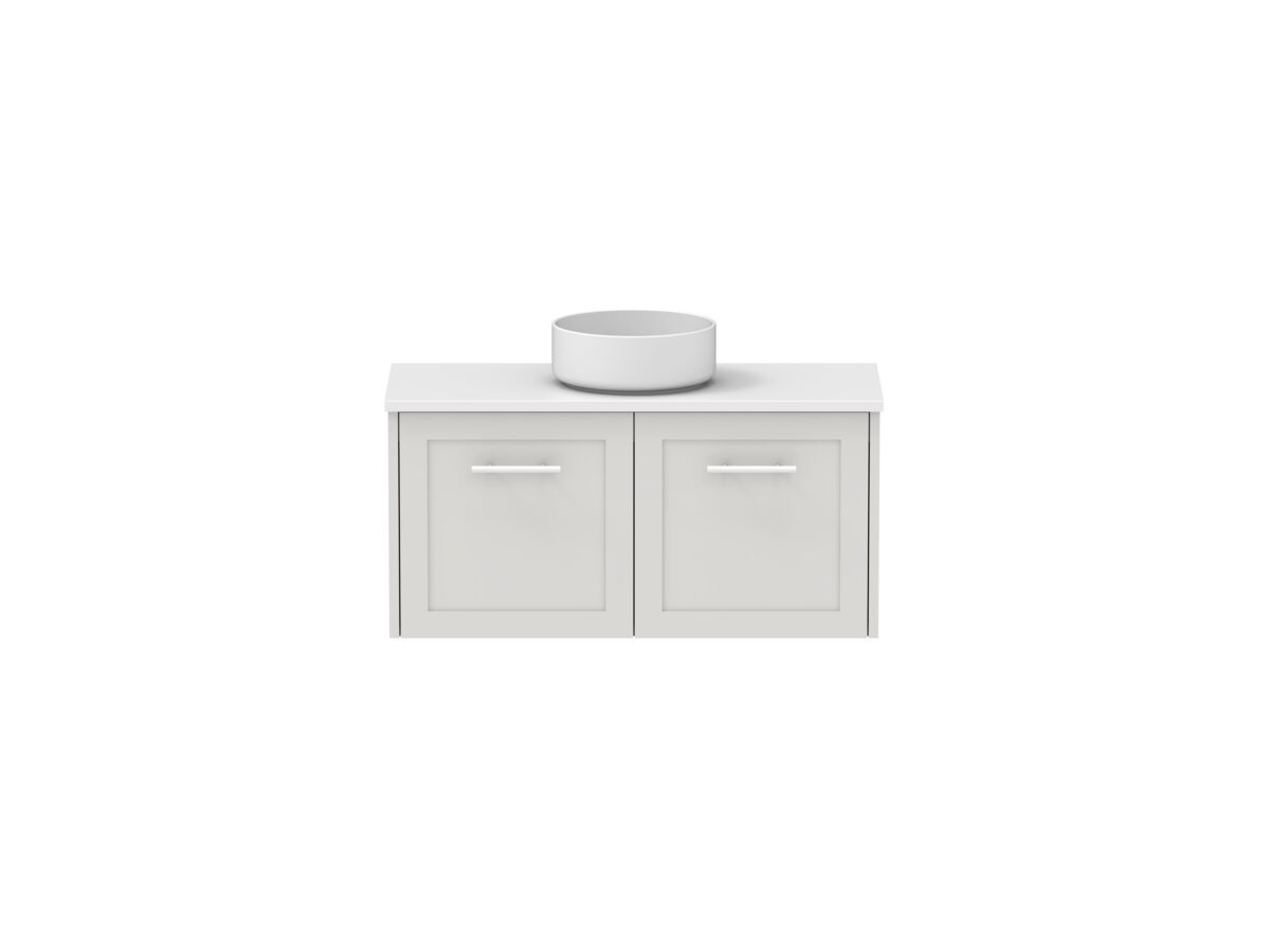 reece Kado Lux Ensuite All Door 900mm Wall Hung Vanity Centre Basin 20mm Caesarstone Mineral Top