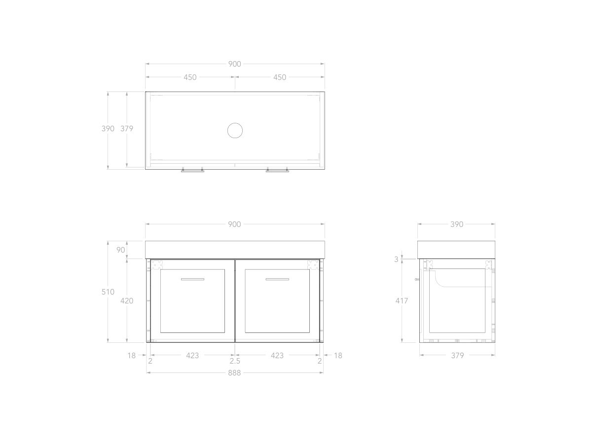 Reece Kado Lux Ensuite All Door 900mm Wall Hung Vanity Centre Basin 90mm Caesarstone Mineral Top