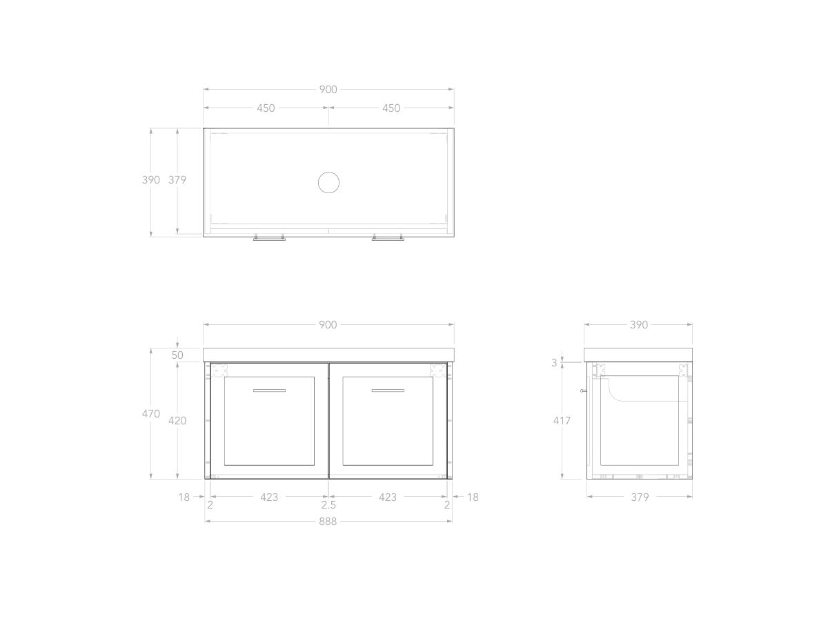 Reece Kado Lux Ensuite All Door 900mm Wall Hung Vanity Centre Basin 50mm Durasein Top