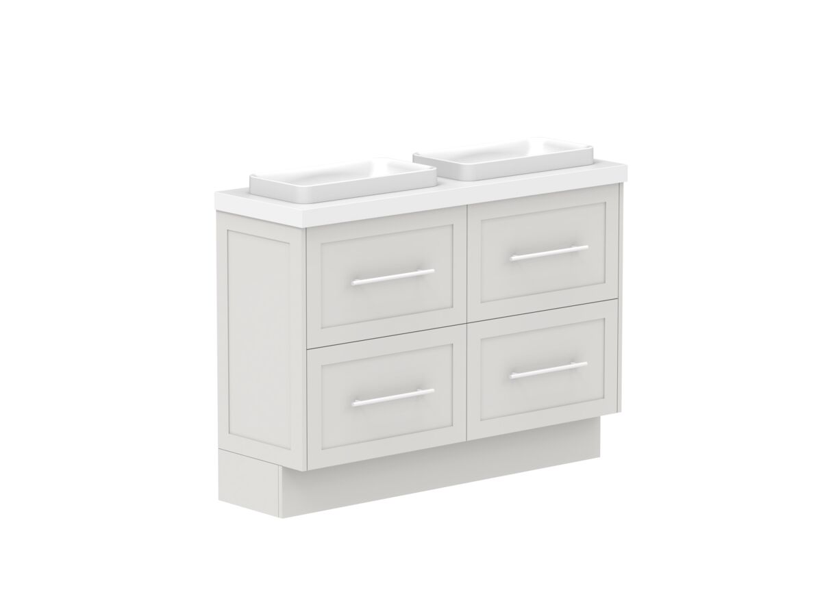 Reece Kado Lux Ensuite All Drawer Twin 1200mm Floor Mounted Vanity Double Basin 50mm Caesarstone Mineral Top
