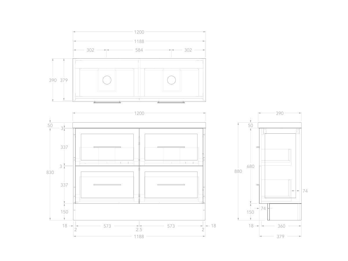 Reece Kado Lux Ensuite All Drawer Twin 1200mm Floor Mounted Vanity Double Basin 50mm Caesarstone Mineral Top