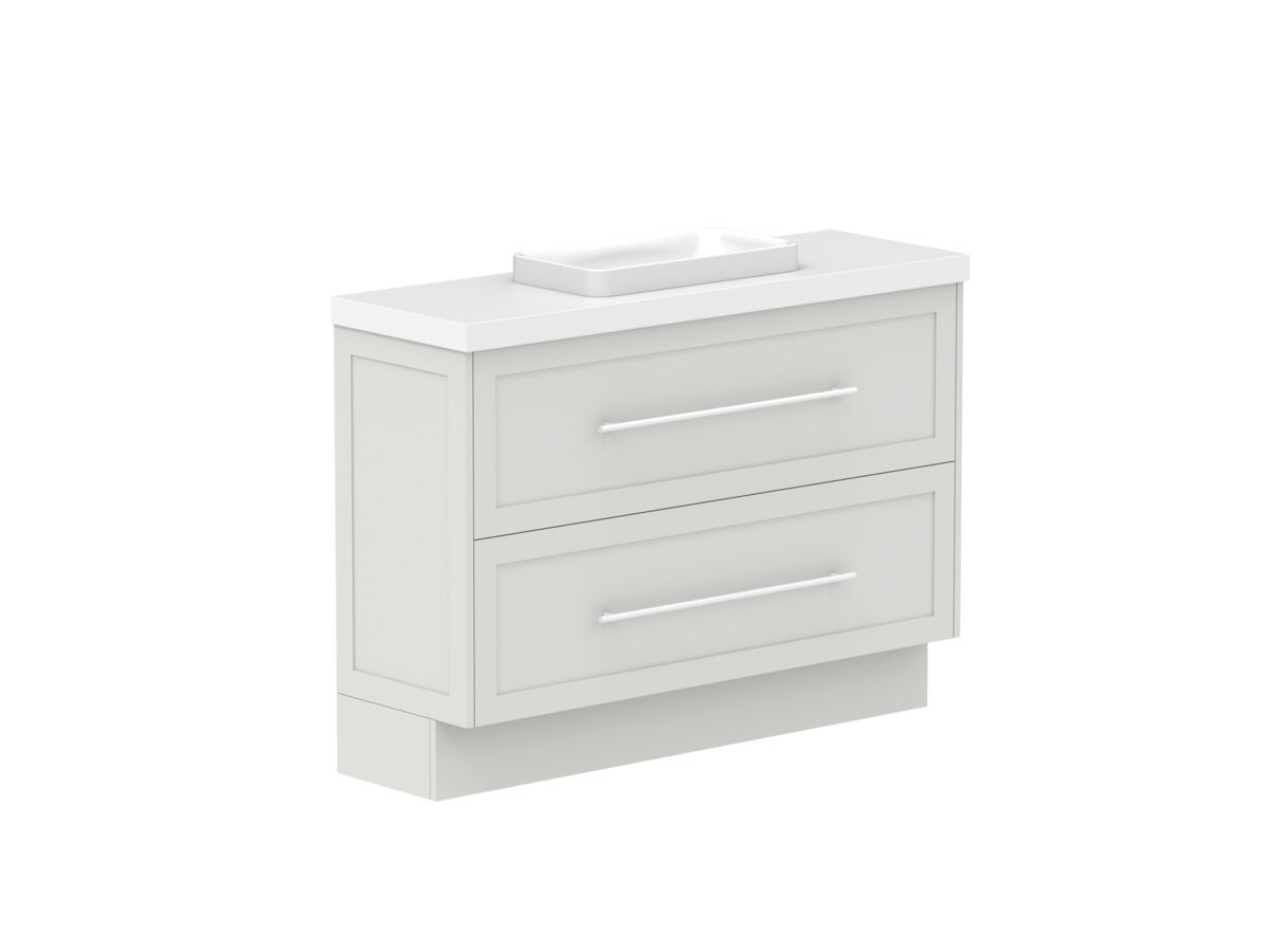 Reece Kado Lux Ensuite All Drawer Twin 1200mm Floor Mounted Vanity Centre Basin 50mm Caesarstone Mineral Top