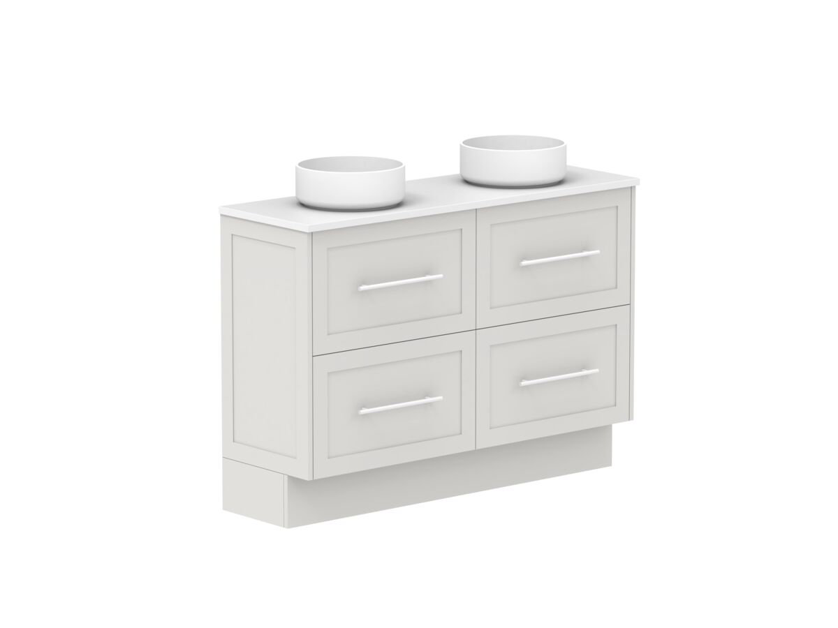 Reece Kado Lux Ensuite All Drawer Twin 1200mm Floor Mounted Vanity Double Basin 20mm Caesarstone Mineral Top