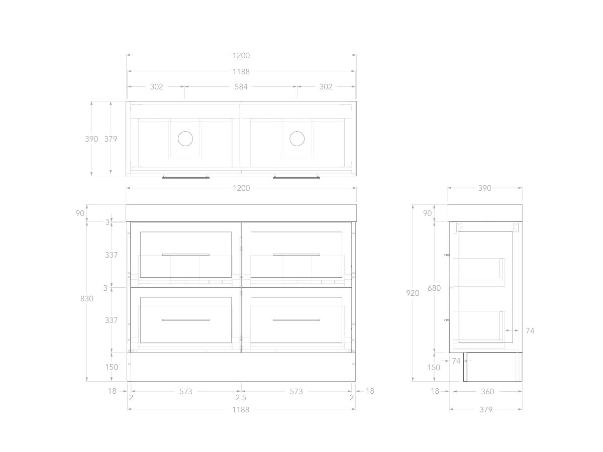 Reece Kado Lux Ensuite All Drawer Twin 1200mm Floor Mounted Vanity Double Basin 90mm Cherry Pie Top