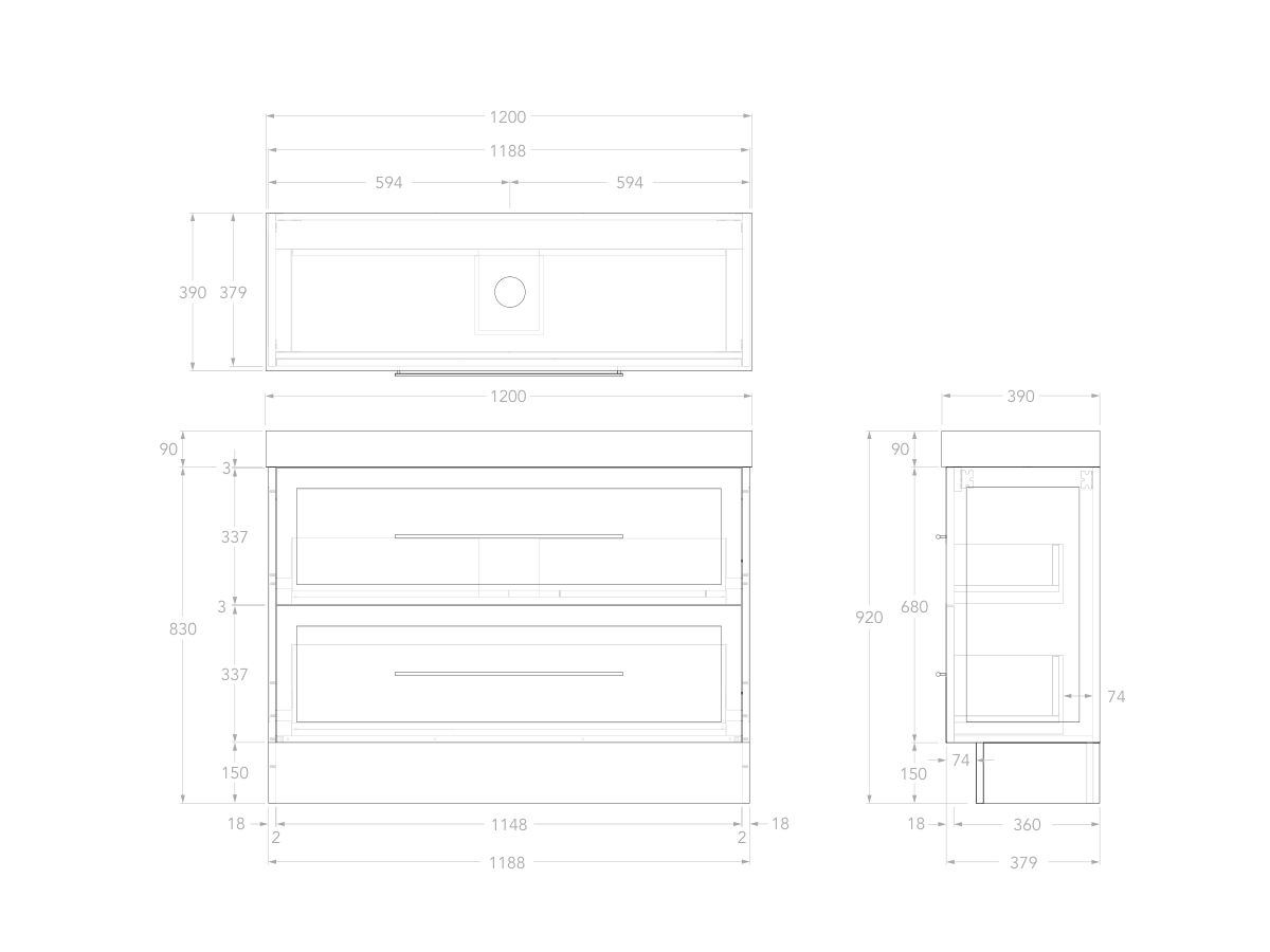 Reece Kado Lux Ensuite All Drawer Twin 1200mm Floor Mounted Vanity Centre Basin 90mm Cherry Pie Top