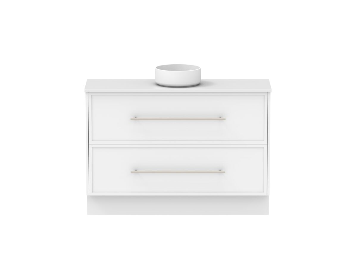 Reece Kado Lux Ensuite All Drawer Twin 1200mm Floor Mounted Vanity Centre Basin 20mm Caesarstone Mineral Top