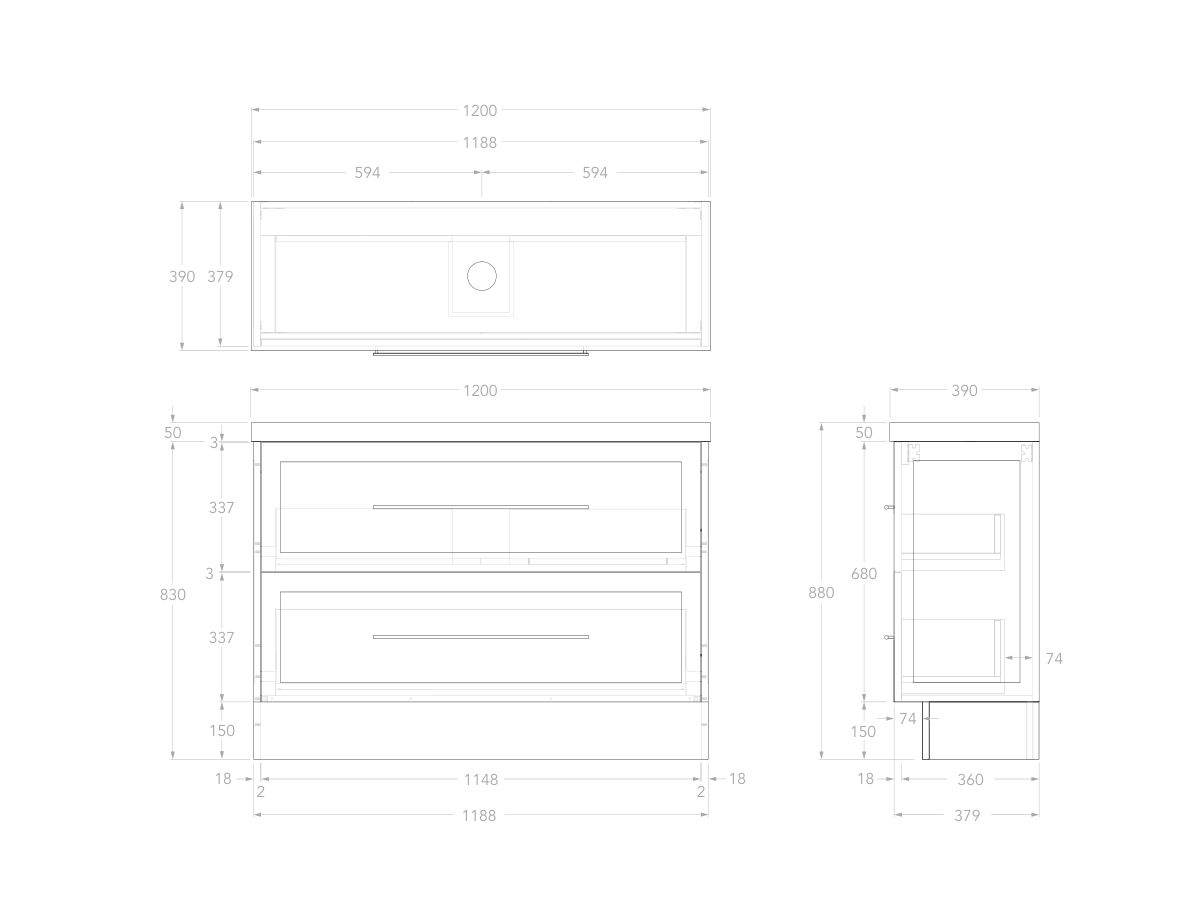 Reece Kado Lux Ensuite All Drawer Twin 1200mm Floor Mounted Vanity Centre Basin 50mm Cherry Pie Top
