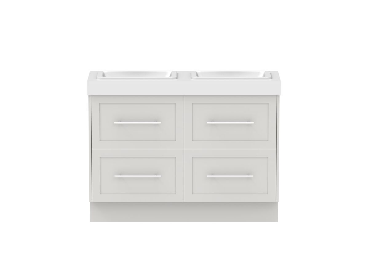 reece Kado Lux Ensuite All Drawer Twin 1200mm Floor Mounted Vanity Double Basin 90mm Caesarstone Mineral Top