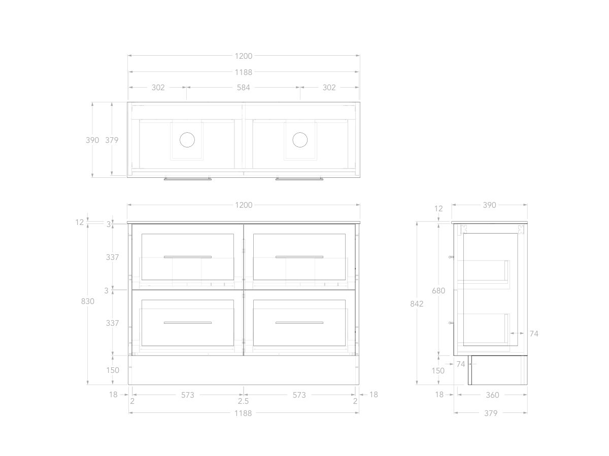 Reece Kado Lux Ensuite All Drawer Twin 1200mm Floor Mounted Vanity Double Basin 12mm Durasein Top