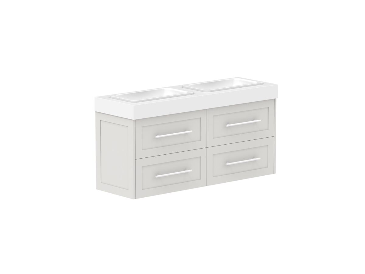 Reece Kado Lux Ensuite All Drawer Twin 1200mm Wall Hung Vanity Double Basin 90mm Caesarstone Mineral Top