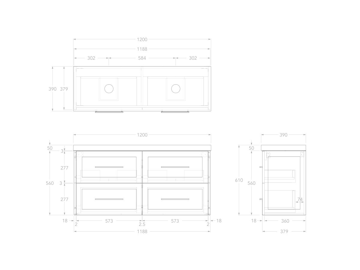Reece Kado Lux Ensuite All Drawer Twin 1200mm Wall Hung Vanity Double Basin 50mm Durasein Top