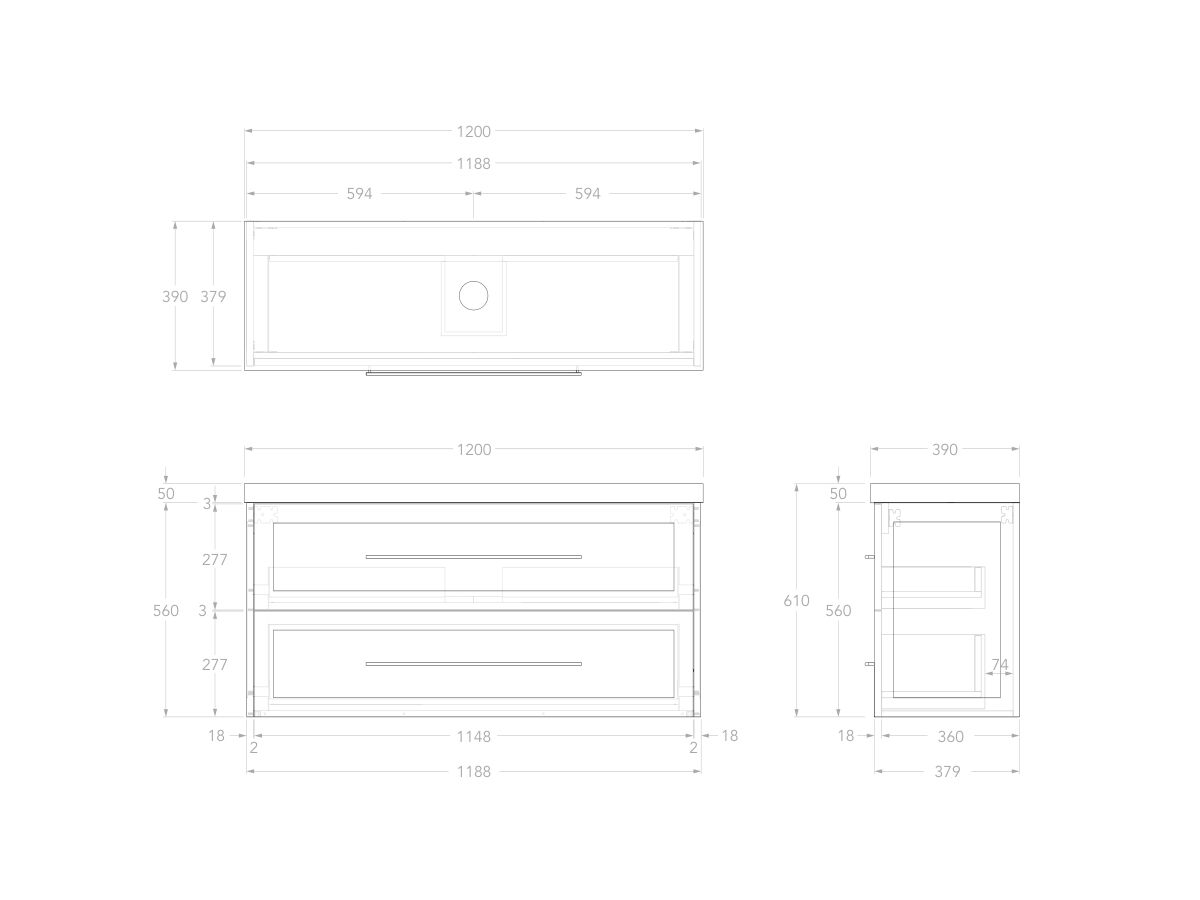Reece Kado Lux Ensuite All Drawer Twin 1200mm Wall Hung Vanity Centre Basin 50mm Durasein Top