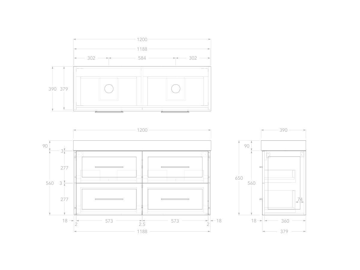 Reece Kado Lux Ensuite All Drawer Twin 1200mm Wall Hung Vanity Double Basin 90mm Durasein Top