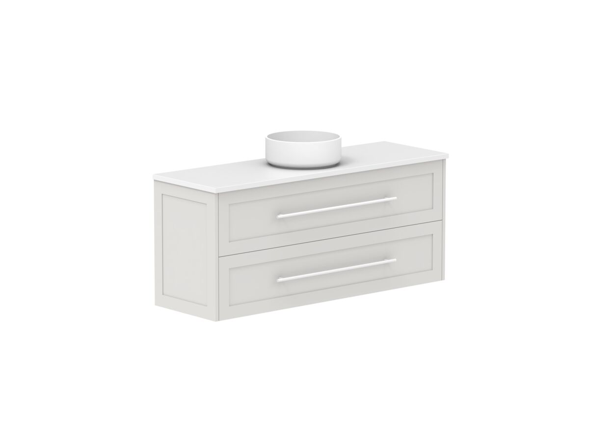 Reece Kado Lux Ensuite All Drawer Twin 1200mm Wall Hung Vanity Centre Basin 20mm Caesarstone Mineral Top