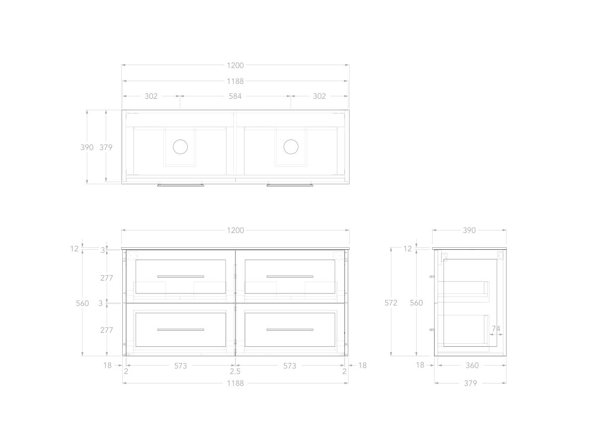 Reece Kado Lux Ensuite All Drawer Twin 1200mm Wall Hung Vanity Double Basin 12mm Durasein Top