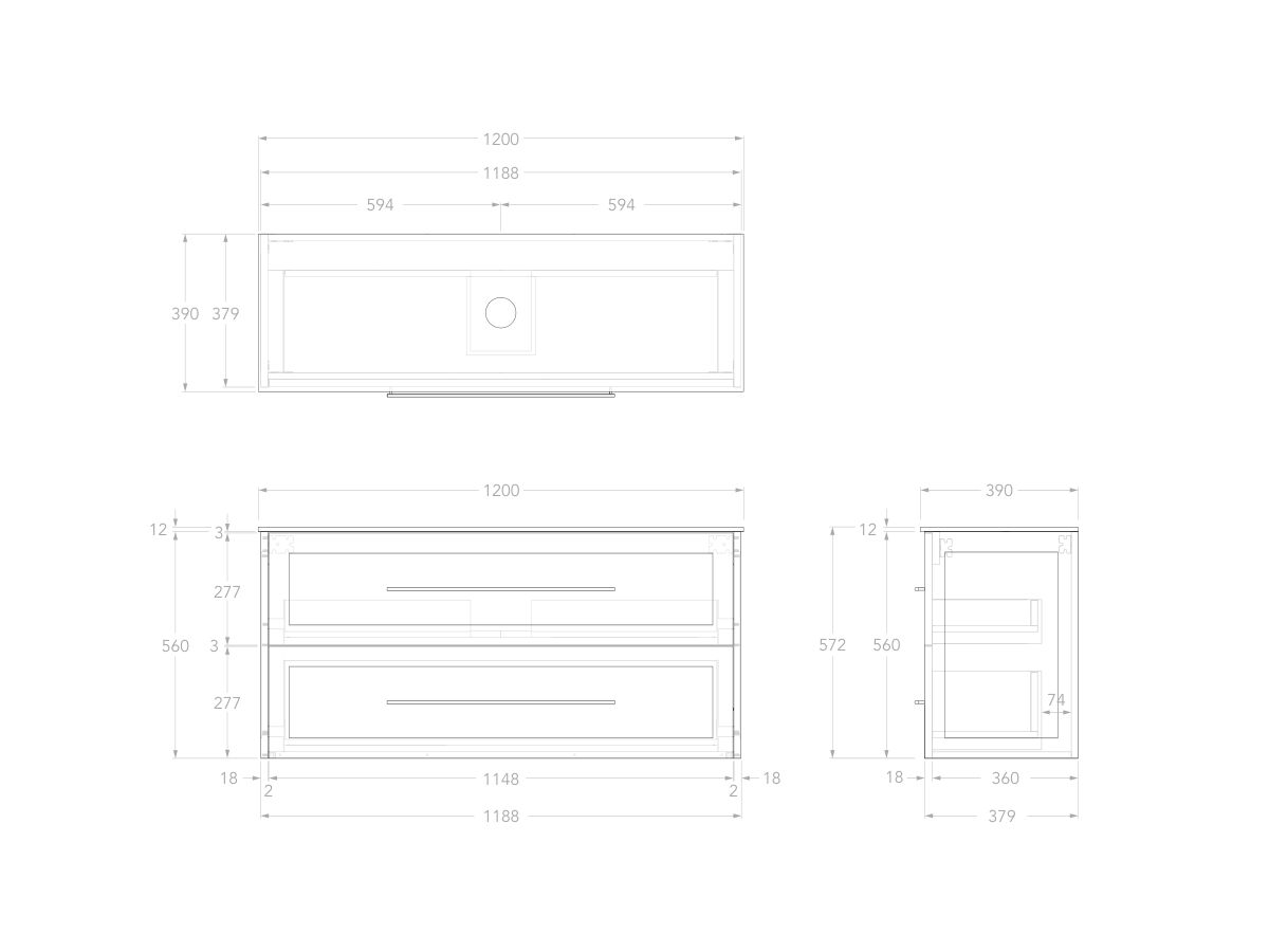 Reece Kado Lux Ensuite All Drawer Twin 1200mm Wall Hung Vanity Centre Basin 12mm Durasein Top