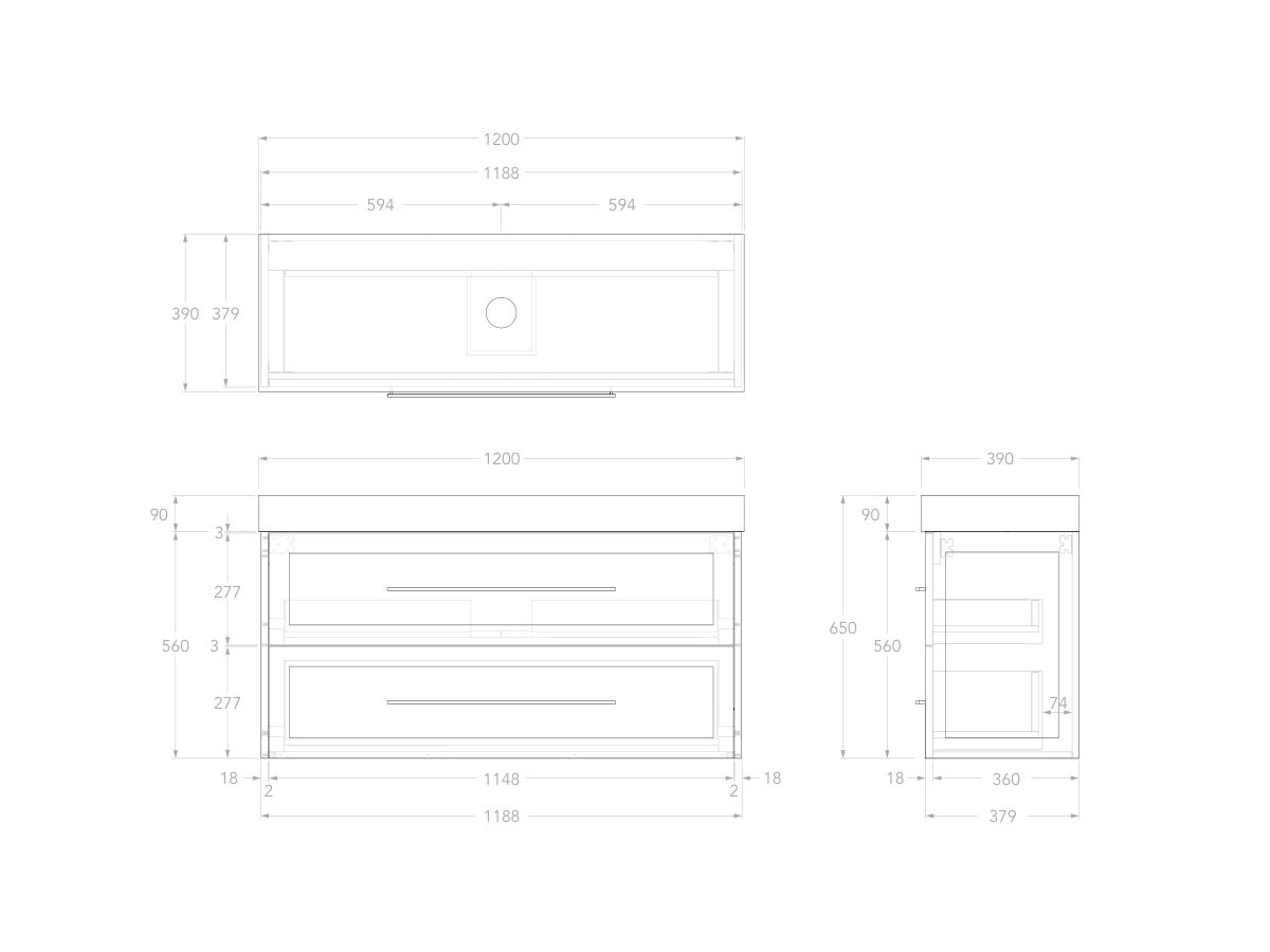 Reece Kado Lux Ensuite All Drawer Twin 1200mm Wall Hung Vanity Centre Basin 90mm Durasein Top