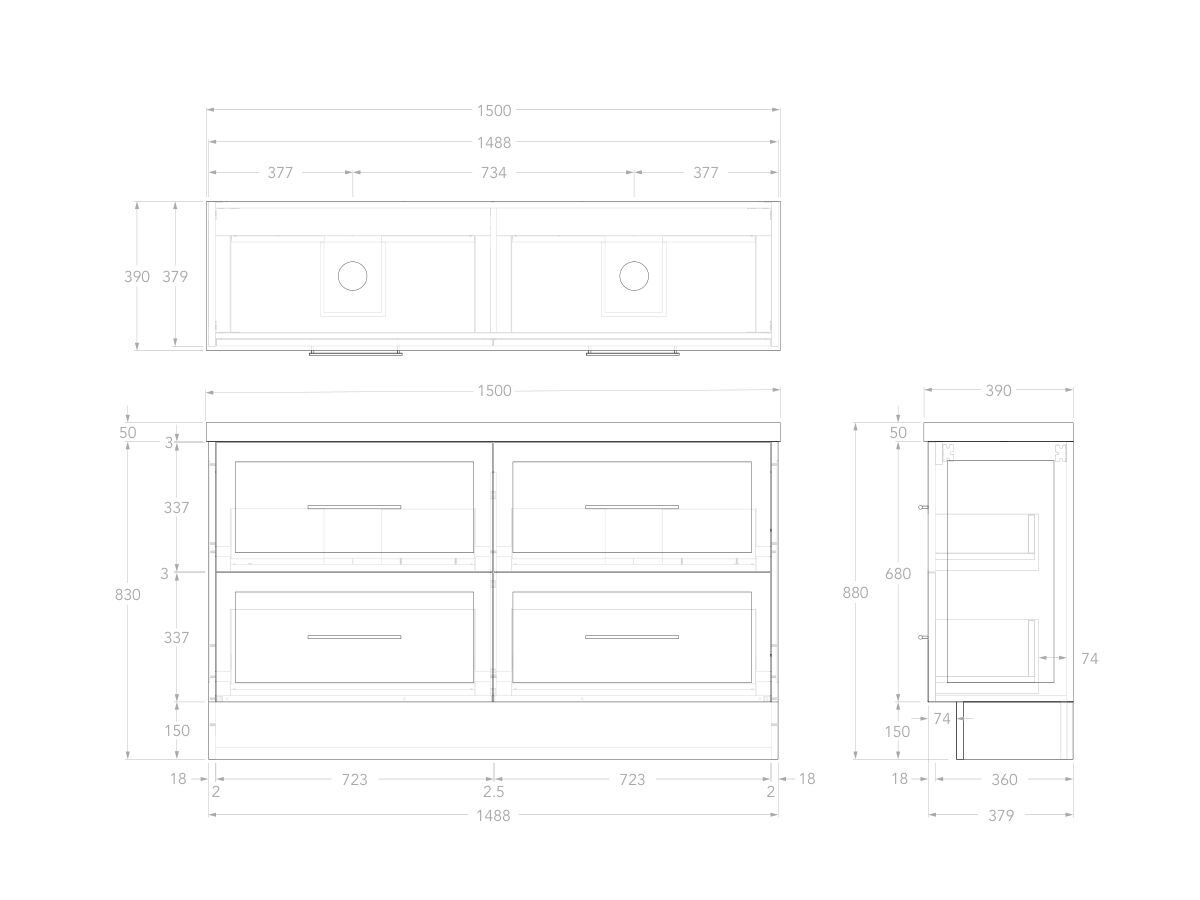 Reece Kado Lux Ensuite All Drawer Twin 1500mm Floor Mounted Vanity Double Basin 50mm Caesarstone Mineral Top