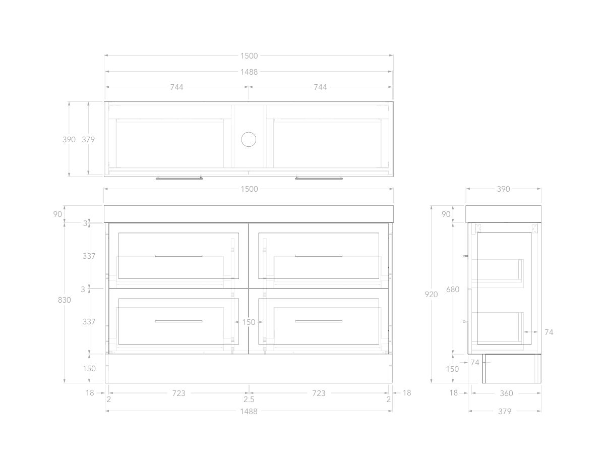 Reece Kado Lux Ensuite All Drawer Twin 1500mm Floor Mounted Vanity Centre Basin 90mm Caesarstone Mineral Top