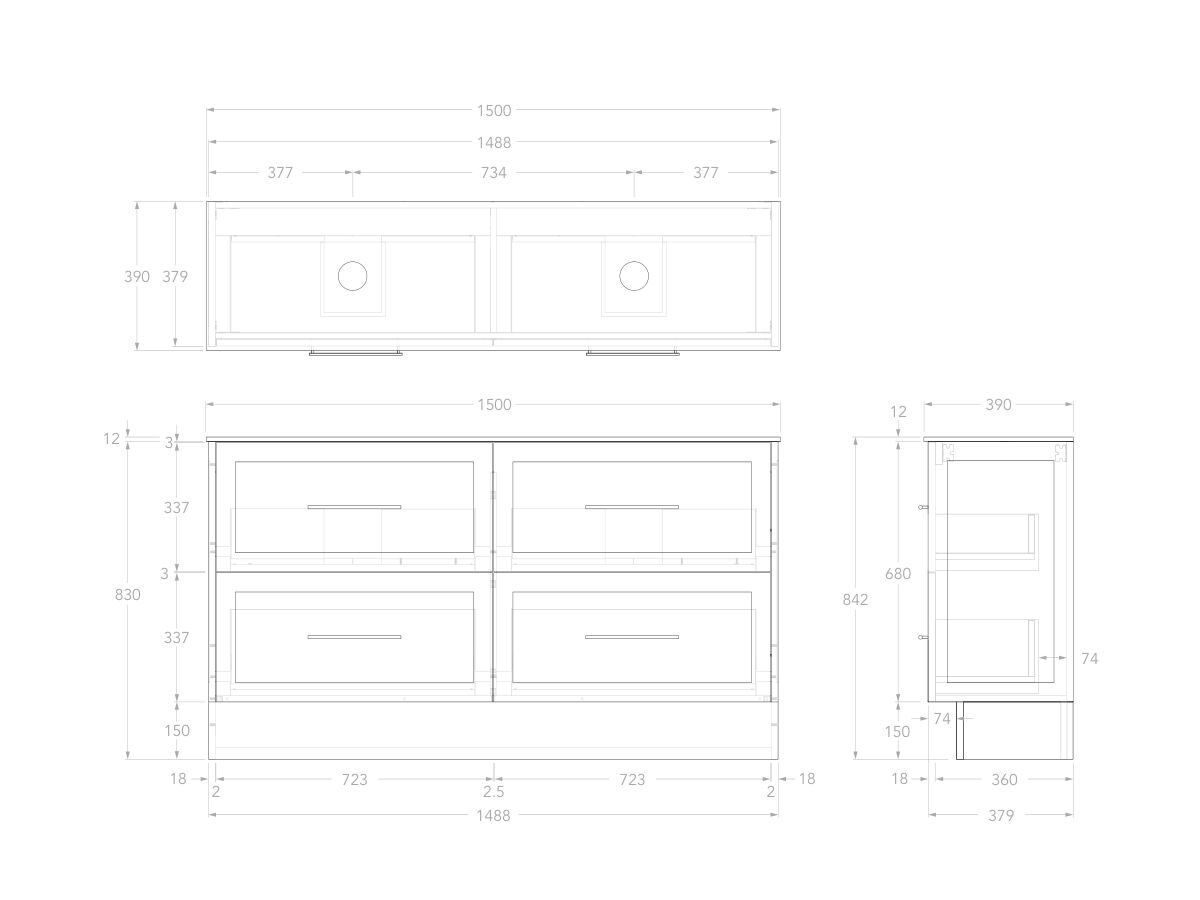 Reece Kado Lux Ensuite All Drawer Twin 1500mm Floor Mounted Vanity Double Basin 12mm Durasein Top