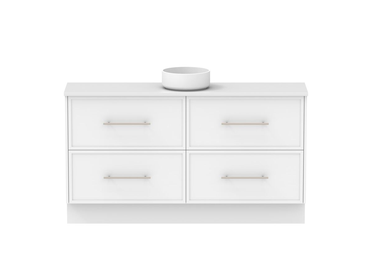 Reece Kado Lux Ensuite All Drawer Twin 1500mm Floor Mounted Vanity Centre Basin 20mm Caesarstone Mineral Top