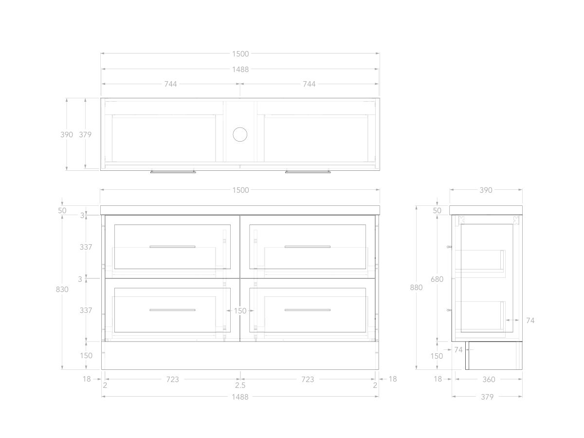 Reece Kado Lux Ensuite All Drawer Twin 1500mm Floor Mounted Vanity Centre Basin 50mm Cherry Pie Top