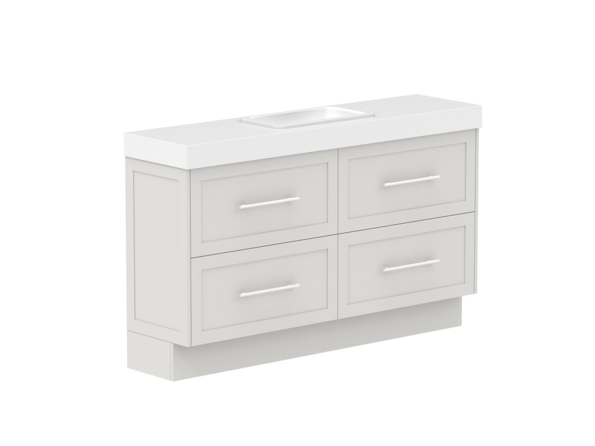 Reece Kado Lux Ensuite All Drawer Twin 1500mm Floor Mounted Vanity Centre Basin 90mm Caesarstone Mineral Top
