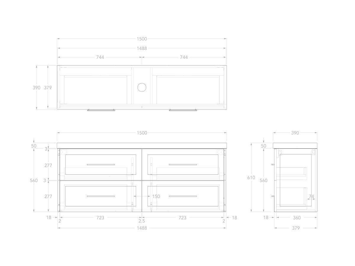 Reece Kado Lux Ensuite All Drawer Twin 1500mm Wall Hung Vanity Centre Basin 50mm Cherry Pie Top