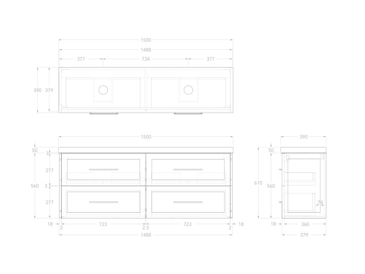 Reece Kado Lux Ensuite All Drawer Twin 1500mm Wall Hung Vanity Double Basin 50mm Cherry Pie Top