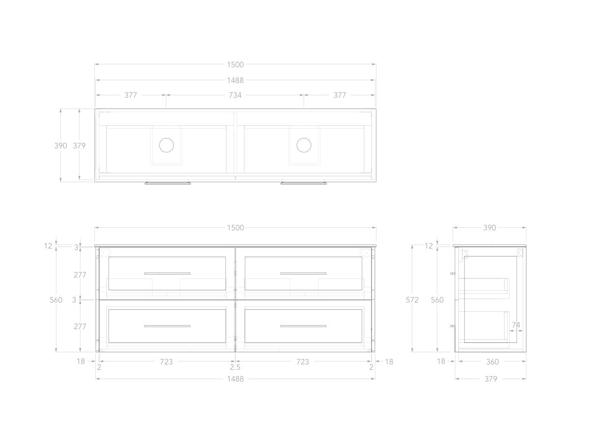 Reece Kado Lux Ensuite All Drawer Twin 1500mm Wall Hung Vanity Double Basin 12mm Durasein Top