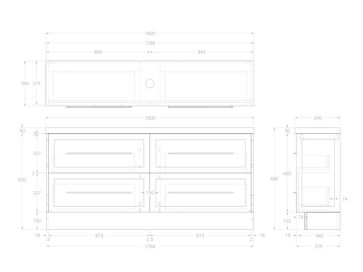 Reece Kado Lux Ensuite All Drawer Twin 1800mm Floor Mounted Vanity Centre Basin 50mm Caesarstone Mineral Top