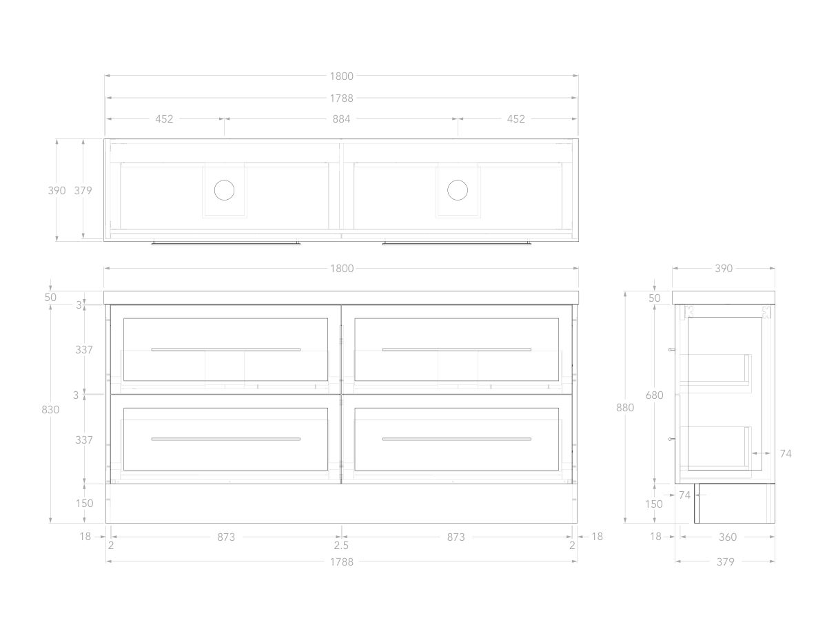 Reece Kado Lux Ensuite All Drawer Twin 1800mm Floor Mounted Vanity Double Basin 50mm Caesarstone Mineral Top