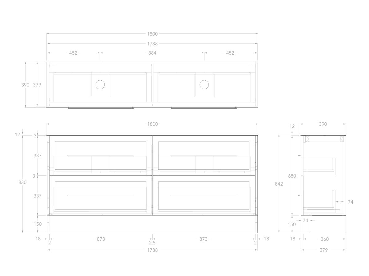 Reece Kado Lux Ensuite All Drawer Twin 1800mm Floor Mounted Vanity Double Basin 12mm Durasein Top