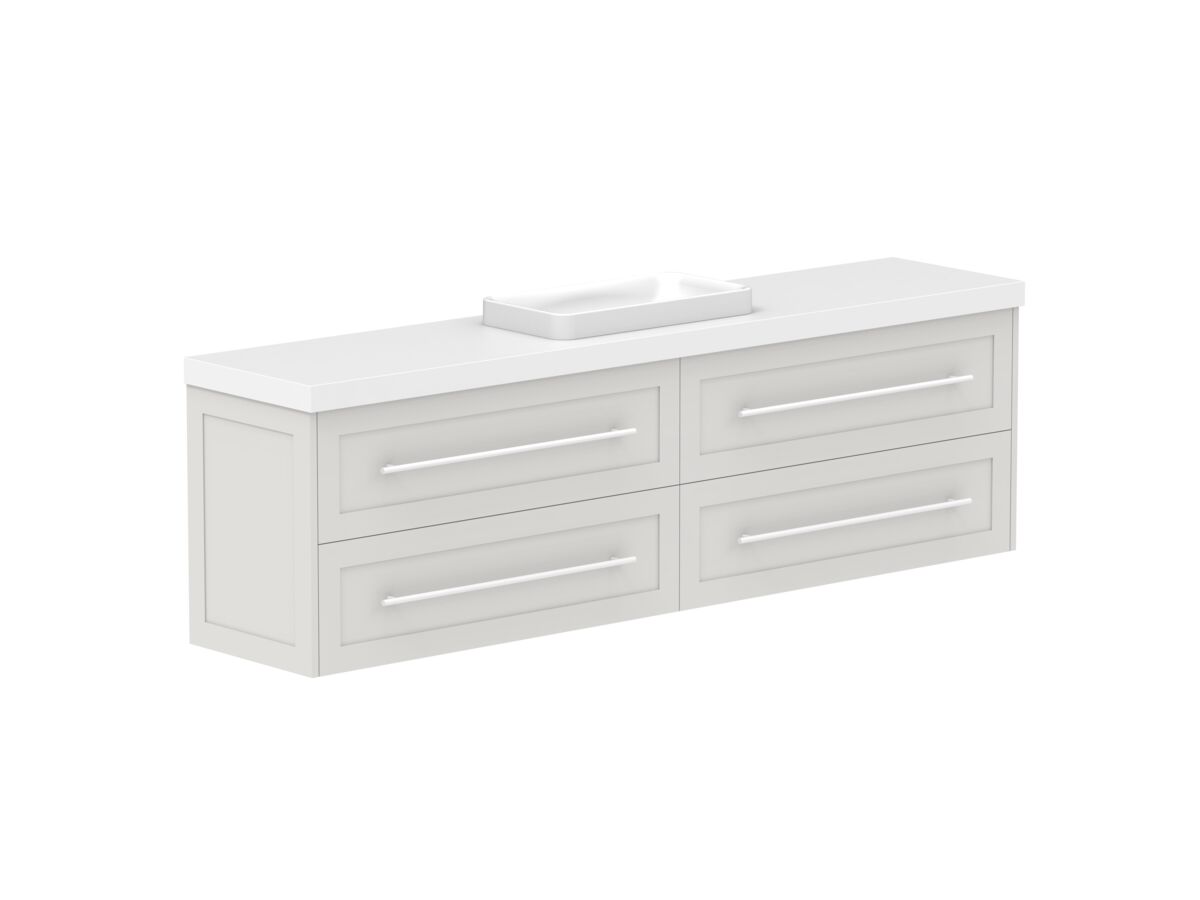 Reece Kado Lux Ensuite All Drawer Twin 1800mm Wall Hung Vanity Centre Basin 50mm Caesarstone Mineral Top