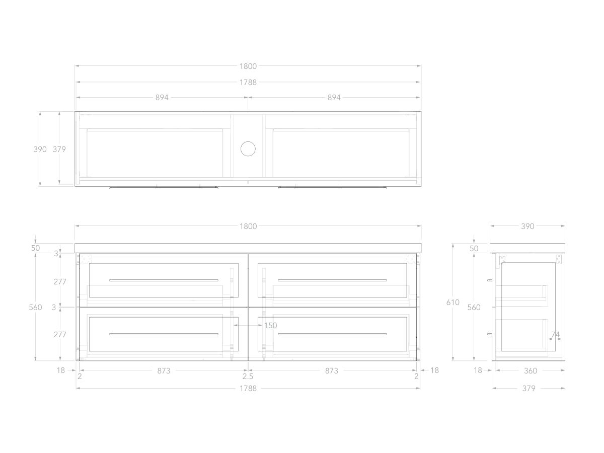 Reece Kado Lux Ensuite All Drawer Twin 1800mm Wall Hung Vanity Centre Basin 50mm Caesarstone Mineral Top