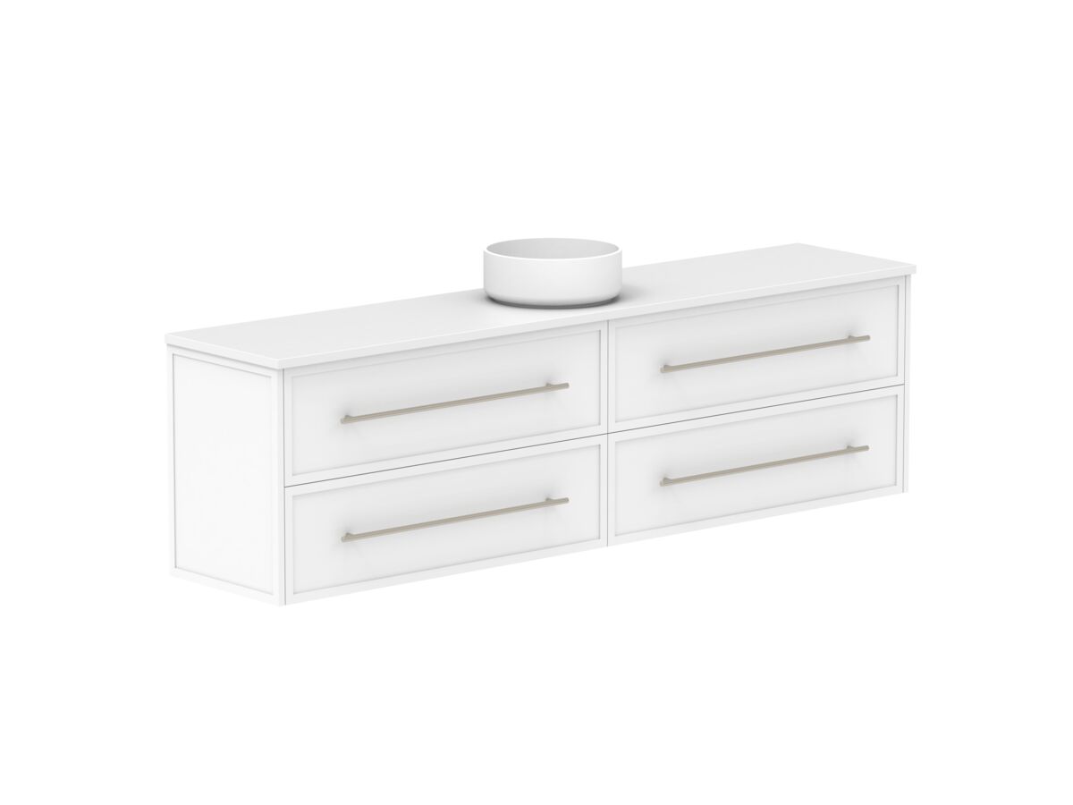 Reece Kado Lux Ensuite All Drawer Twin 1800mm Wall Hung Vanity Centre Basin 20mm Caesarstone Mineral Top
