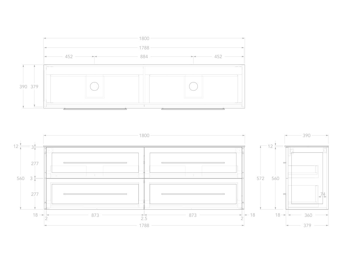 Reece Kado Lux Ensuite All Drawer Twin 1800mm Wall Hung Vanity Double Basin 12mm Durasein Top