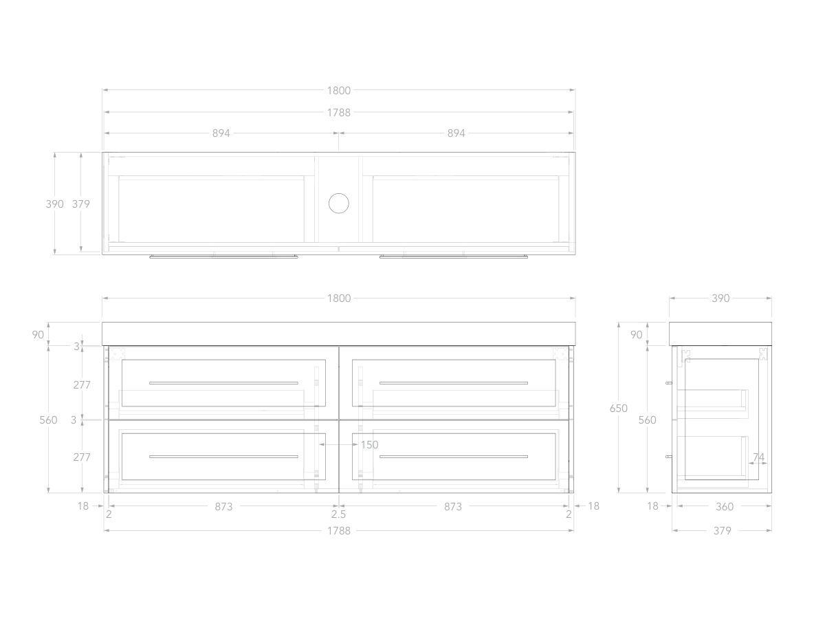 Reece Kado Lux Ensuite All Drawer Twin 1800mm Wall Hung Vanity Centre Basin 90mm Durasein Top