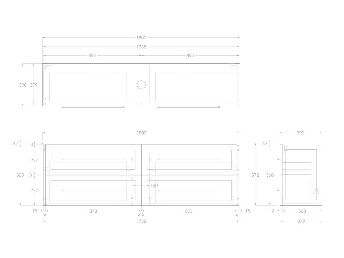 Reece Kado Lux Ensuite All Drawer Twin 1800mm Wall Hung Vanity Centre Basin 12mm Durasein Top