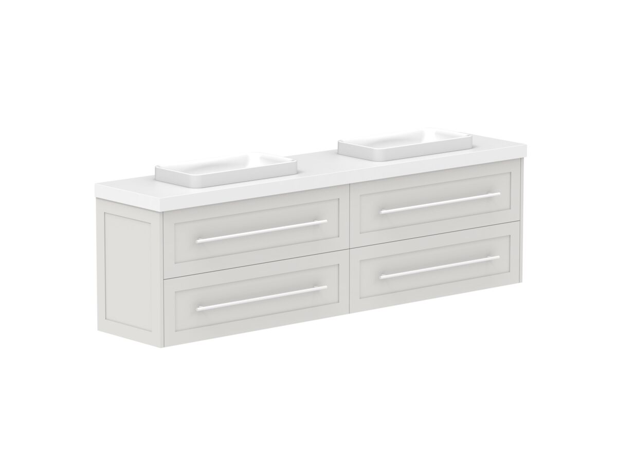 Reece Kado Lux Ensuite All Drawer Twin 1800mm Wall Hung Vanity Double Basin 50mm Caesarstone Mineral Top