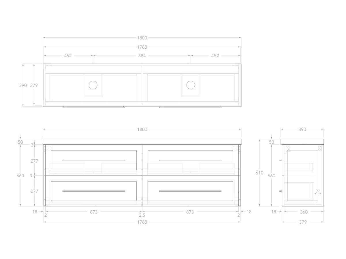Reece Kado Lux Ensuite All Drawer Twin 1800mm Wall Hung Vanity Double Basin 50mm Caesarstone Mineral Top