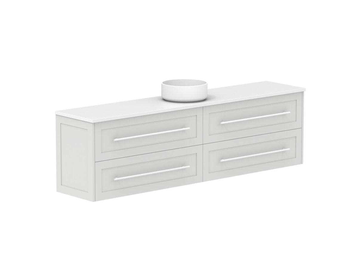 Reece Kado Lux Ensuite All Drawer Twin 1800mm Wall Hung Vanity Centre Basin 20mm Caesarstone Mineral Top
