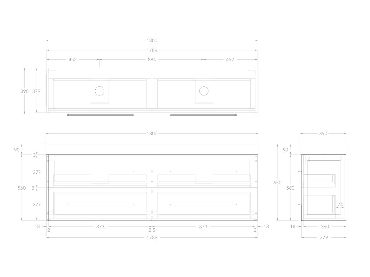 Reece Kado Lux Ensuite All Drawer Twin 1800mm Wall Hung Vanity Double Basin 90mm Cherry Pie Top