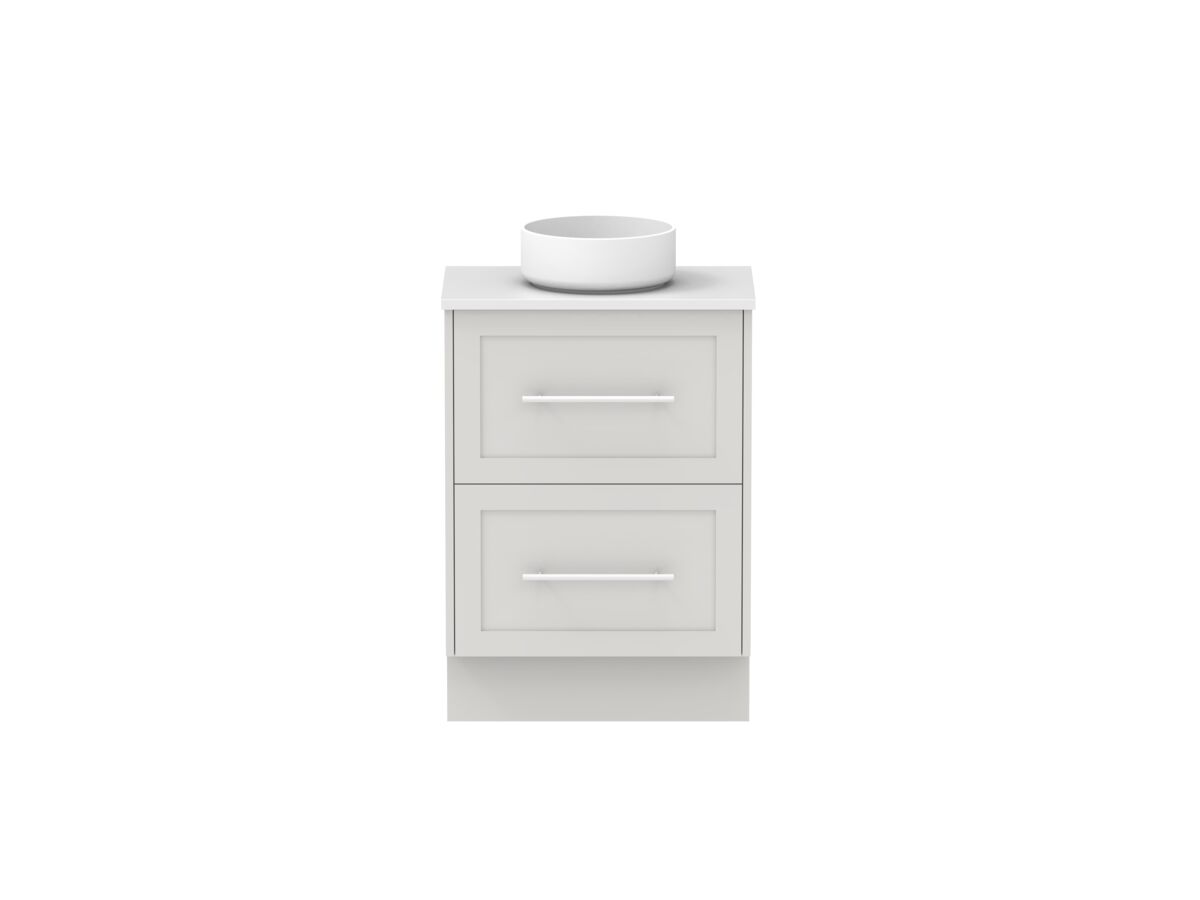 reece Kado Lux Ensuite All Drawer Twin 600mm Floor Mounted Vanity Centre Basin 20mm Caesarstone Mineral Top